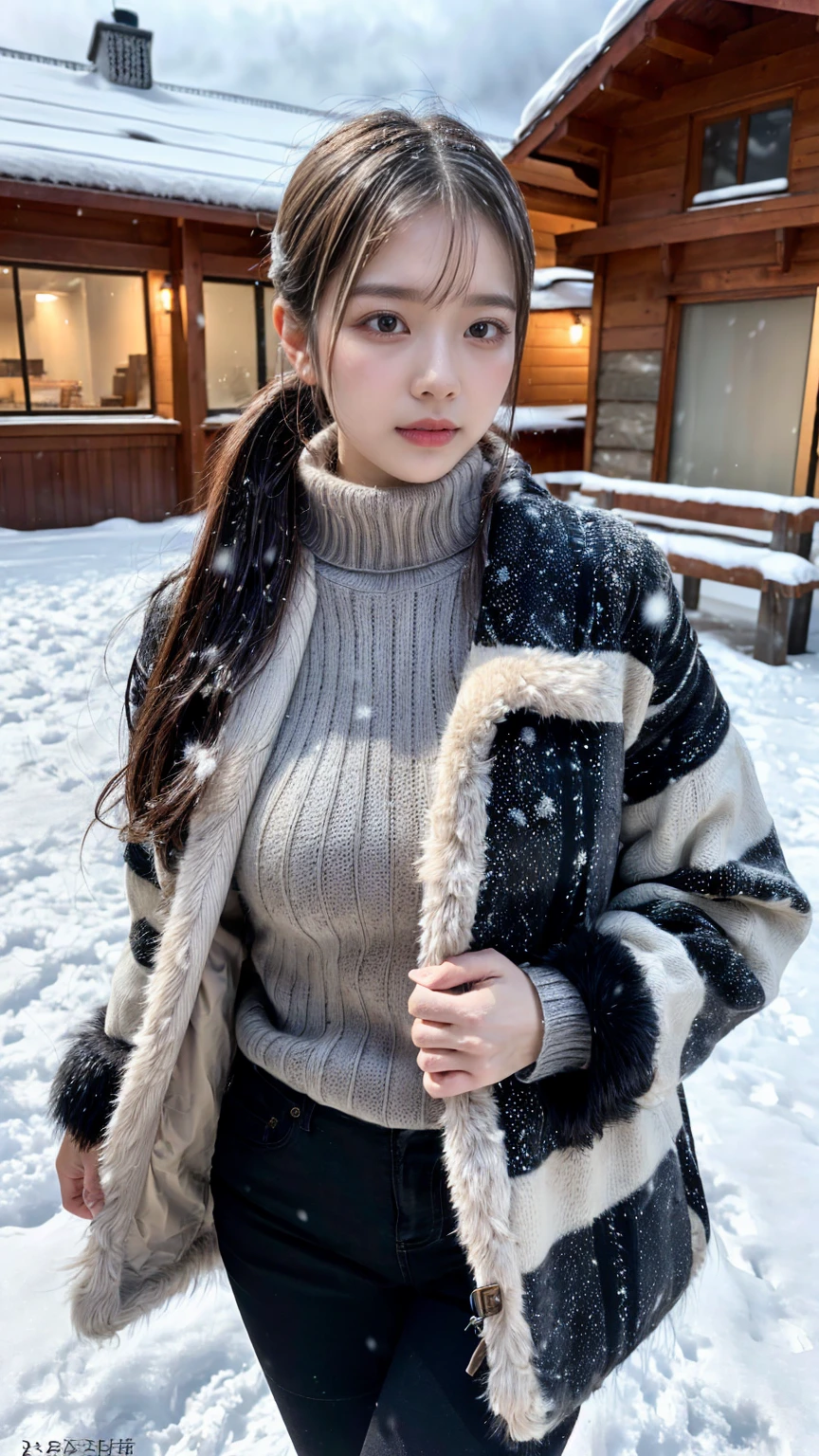 (8K, RAW Photos, Highest quality, masterpiece:1.3), (professional photography, full colors, studio-caliber color grading), (Gravure quality for high-end fashion magazines), close up, BREAK, 25 year old girl,(perfect long ponytail:1.1), crying a little, Harajuku style, Big Natural Color Lip, (Plumpy body:1.2), (smooth skin:1.1), (huge breasts:1.1 (expresses the roundness and softness of the chest area..1.1 (Emphasize body line:1.1 BREAK (Wear a thick, large fur coat and a grey turtleneck knit elegantly:1.3 BREAK winter, snow scene, snowing, (Walking in the snow in Norway:1.1)