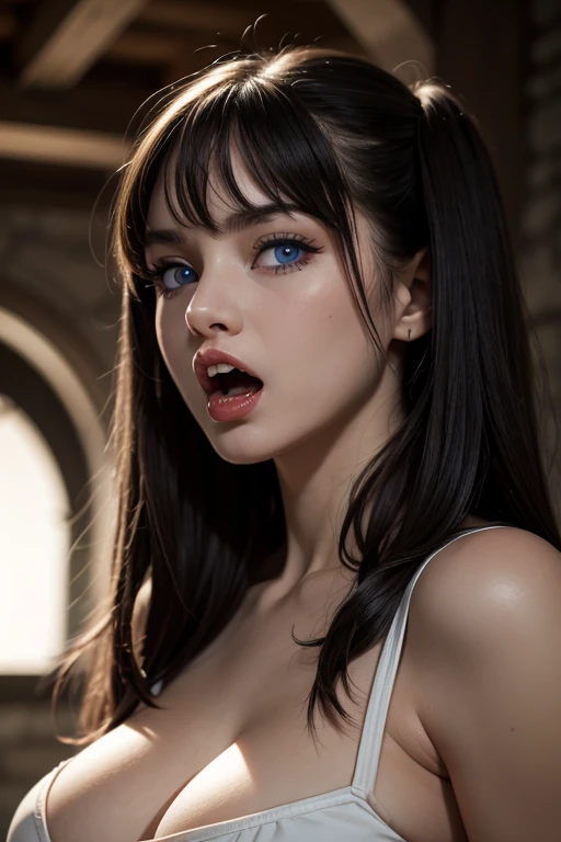 Masterpiece, Best Quality,  gothic girl, clavicle, looking at the viewer stunning blue eyes, white skin eyeliner, perfect detailed 12k, hair with bangs , Beautiful face,Open mouth, to bite, teeth fangs vampire,  lipstick negro,  voluminous and sensual lips, big and heavy bust 