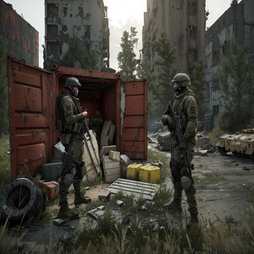 soldiers standing in front of a red container with a man in a helmet, realistic apocalyptic war scene, escape from tarkov, in tarkov, realistic soldiers, action scene screenshot, video game screenshot>, realistic unreal engine 3 d game, an escalating violent firefight, post apocalyptic scene, post apocalyptic street, 2020 video game screenshot