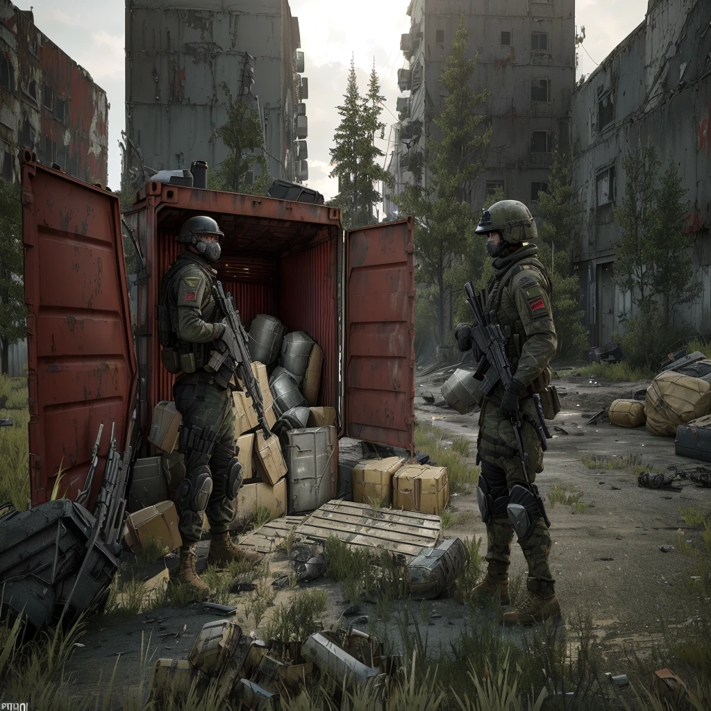 soldiers standing in front of a red container with a man in a helmet, realistic apocalyptic war scene, escape from tarkov, in tarkov, realistic soldiers, action scene screenshot, video game screenshot>, realistic unreal engine 3 d game, an escalating violent firefight, post apocalyptic scene, post apocalyptic street, 2020 video game screenshot