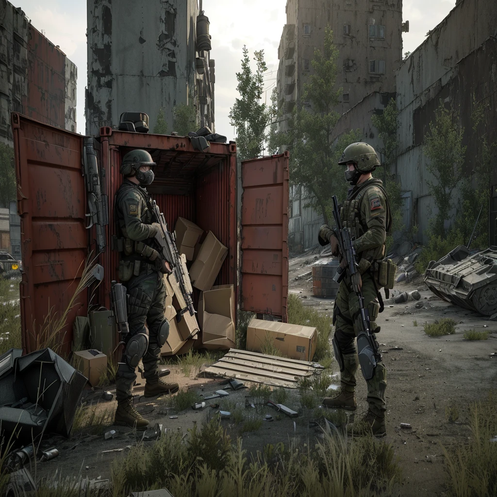 soldiers standing in front of a red container with a man in a helmet, realistic apocalyptic war scene, escape from tarkov, in tarkov, realistic soldiers, action scene screenshot, video game screenshot>, realistic unreal engine 3 d game, an escalating violent firefight, post apocalyptic scene, post apocalyptic street, 2020 video game screenshot