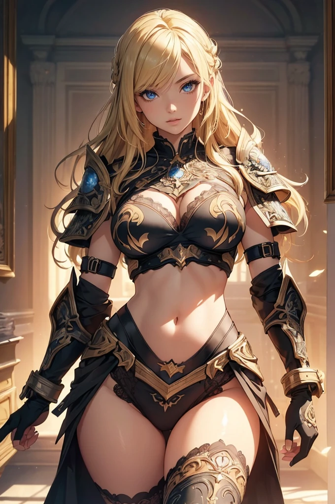 ((1girl, solo)), beautiful body, (perfect anatomy, perfect body, perfect hands, perfect legs), natural proportions, sexy body, large breasts, ((full body, full body front)) BREAK
((extremely detailed face)), (beautiful detailed eyes:1.6), (realistic pupils, realistic iris:1), expressive eyes, looking at viewer, (clear eyes:1.3), (hyperrealistic:1.2), (detailed skin texture:1.2), smooth skin, (blonde hair:1.5), ((blue eyes)), ((little smile)), (detailed lips:1.2), (attractive lips:1.1), (glossy lips:1.1), (parted lips), perfect face, perfect eyes BREAK
(black panties), string panties, (chest armor), bikini armor BREAK
(masterpiece:1.5), anime-style, top quality, best quality, (beautiful and aesthetic:1.2), (ultra detail:1.5), Ultra-detailed depiction, Ultra-precise depiction, extremely detailed 8k illustration, high resolution, (highly detailed shading:1.2), (realistic lighting:1.4), perfect lighting, vibrant colors, dynamic tones, striking hues, 8k, absurd resolution, perfect shadows, hdr, UHD, ambient lighting, realistic, ultra-realistic, photo realistic, highly detailed, rich detail, luminous colors, fine texture, intricate design, professional illustration, (soft light:1.2), (illustration:0.7)