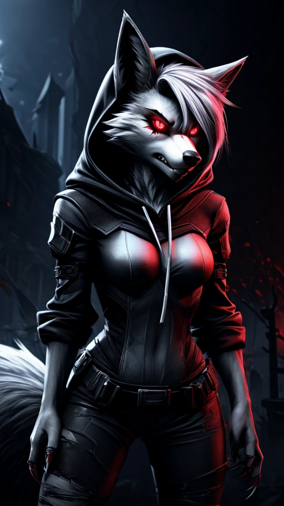 Loona from Helluva Boss, female wolf, anthro, mature adult, white hair, grey eyes, infected with blacklight virus, based and inspired by Prototype game series, hooded, glowing red eyes with visible iris, bloody, sharp claws, mutant, standing, menacing, detailed, solo, beautiful, high quality, 4K