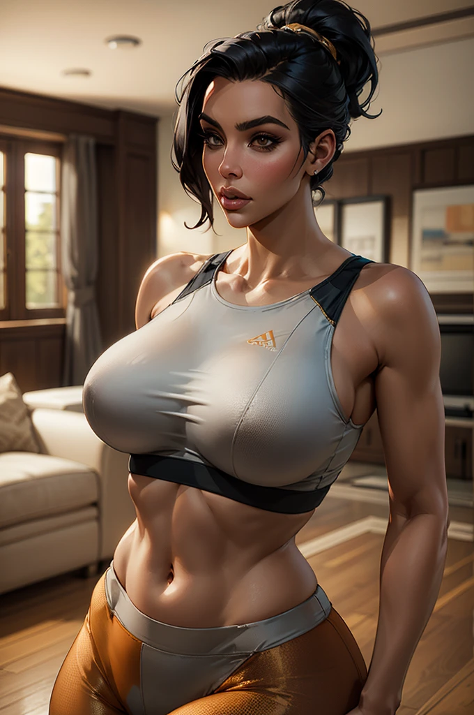 kim kardashian, ((Beautiful milf)), hourglass figure, enormous breasts, black hair, ponytail hairstyle, seductive face, sport bra, yoga pant, tan skin, living room, masterpiece, best quality, ultra detailed, realistic