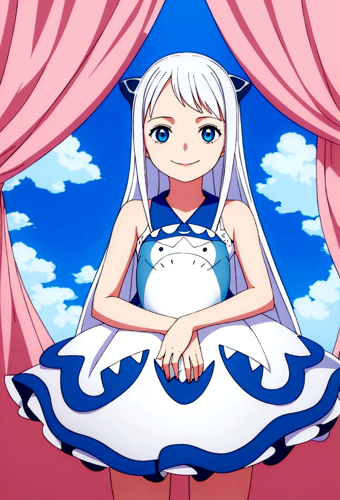 girl (5 years old), platinum white long hair, blue eyes, wearing cute dress, holding a whale shark plush, smiling in a sunny day