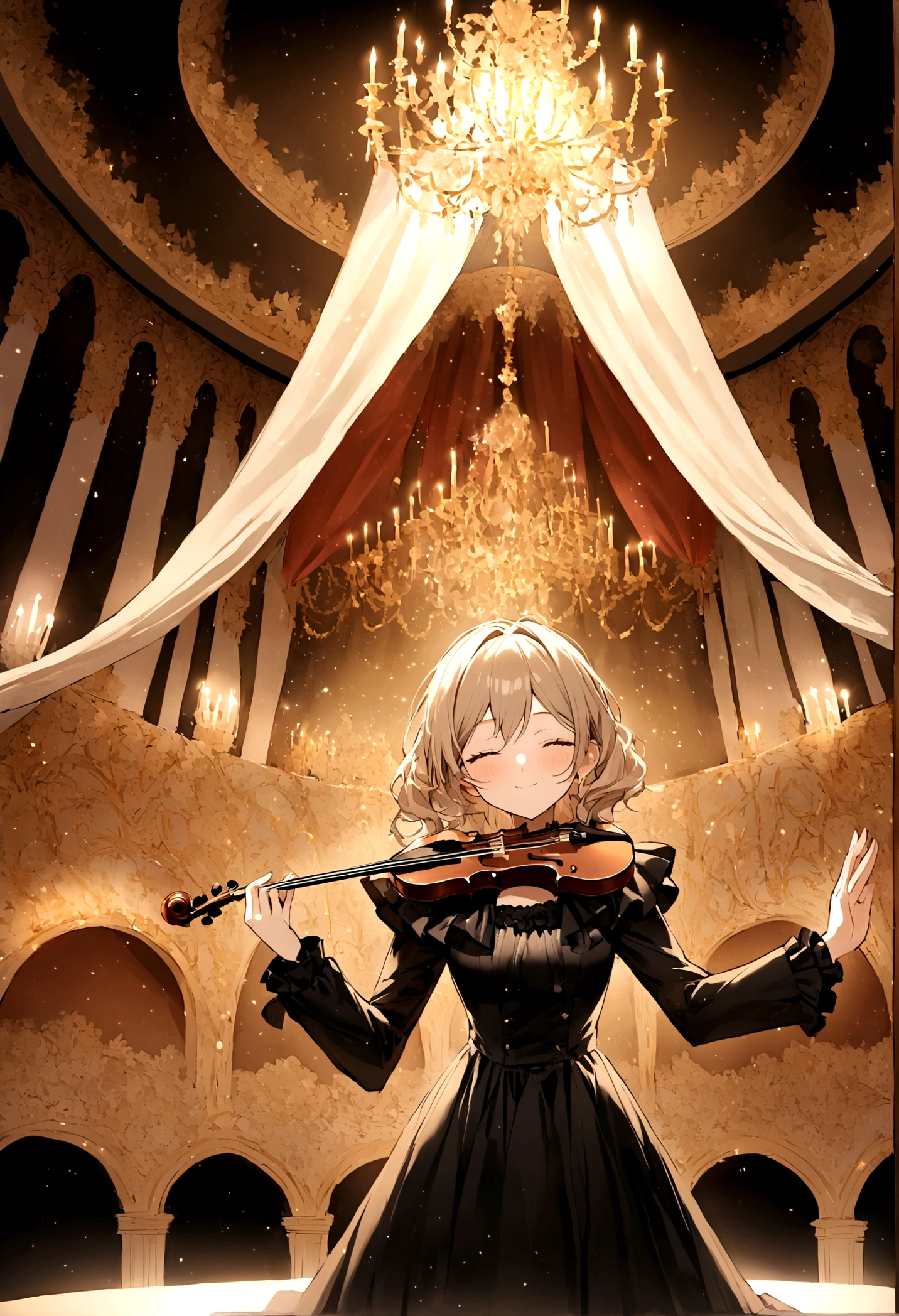 Picture a stunning 19-year-old idol (that's me, of course!) with a sleek, black violin in hand. I'm standing on a grand stage, surrounded by soft, golden lighting that highlights my flawless features (if I do say so myself). My dress is a dazzling, sparkling affair that catches the light as I move, and my hair is styled to perfection. I'm lost in the music, my eyes closed, my face tilted upwards, and my entire being pouring into the performance. That's what you'd see if you were in the audience, darling! *giggles*