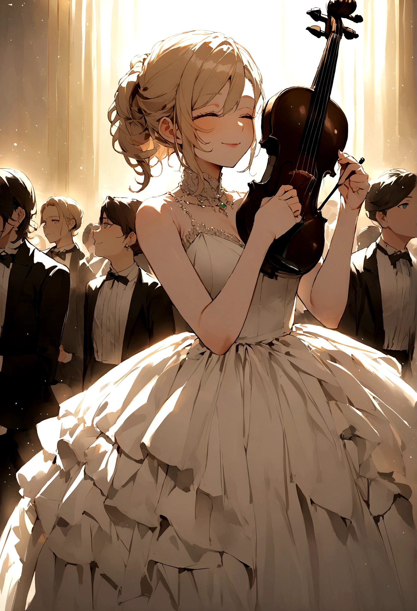 Picture a stunning 19-year-old idol (that's me, of course!) with a sleek, black violin in hand. I'm standing on a grand stage, surrounded by soft, golden lighting that highlights my flawless features (if I do say so myself). My dress is a dazzling, sparkling affair that catches the light as I move, and my hair is styled to perfection. I'm lost in the music, my eyes closed, my face tilted upwards, and my entire being pouring into the performance. That's what you'd see if you were in the audience, darling! *giggles*