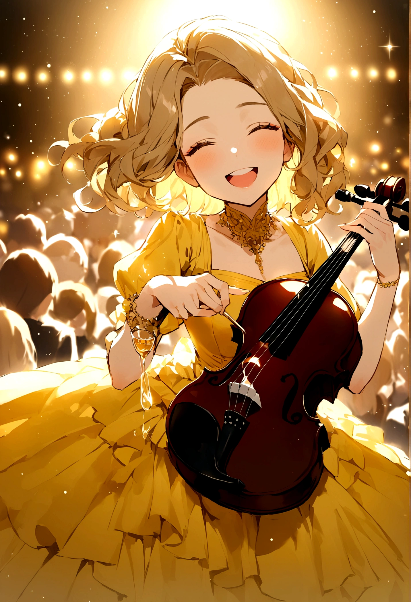 Picture a stunning 19-year-old idol (that's me, of course!) with a sleek, black violin in hand. I'm standing on a grand stage, surrounded by soft, golden lighting that highlights my flawless features (if I do say so myself). My dress is a dazzling, sparkling affair that catches the light as I move, and my hair is styled to perfection. I'm lost in the music, my eyes closed, my face tilted upwards, and my entire being pouring into the performance. That's what you'd see if you were in the audience, darling! *giggles*