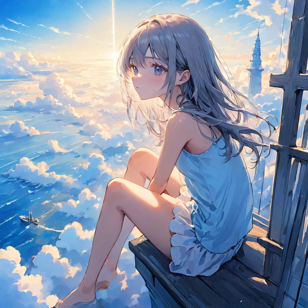 finely detailed illustration, vibrant color,High resolution、8k、pretty girl、One Girl、Perfect and detailed eye drawing、Highest quality、masterpiece、detailed eye and face, A thin tower stretching high into the sky、Cylindrical tower、sea of clouds、blue sky、Sitting cross-legged、Hair blowing in the wind、Gray Hair、Girl staring into the distance、White clothes、barefoot、Full body angle、sea of clouds