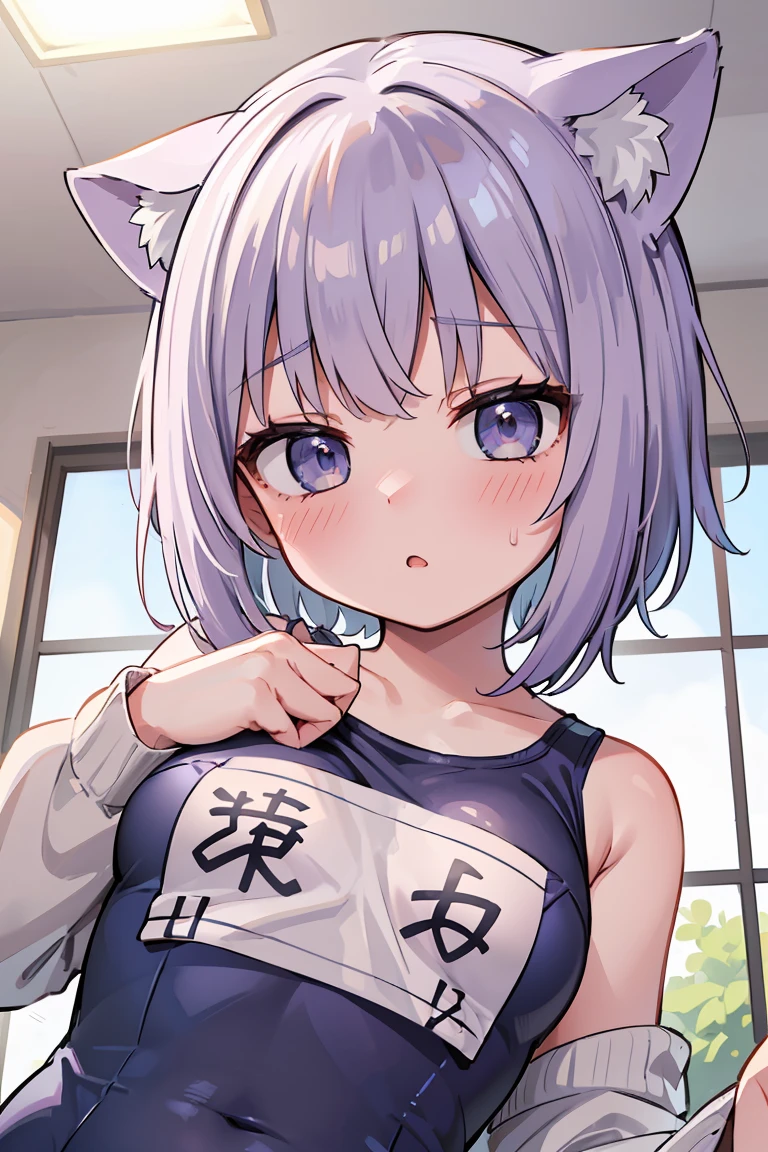 vtuber | Cat porridge | nekomata-okayu,Browsing Caution,1 Girl,,,chest,尖ったchest,chestの谷間,Underbust,Side Bust Barbosa,(blush),((Embarrassing)),Spread out and masturbate((A navy blue school swimsuit with no writing on it))round 1(((chestを持ち上げる)))((View from below、View from below))Upper body close-up,((巨大なchest))