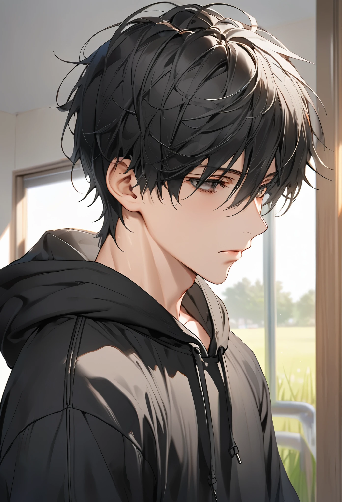 grassland, High school boy, Oblique profile, good looking, Perfect body, Black Hair, short hair, black eye, Expressionless, Black hoodie, anime, First Person View, masterpiece, Anatomically correct, Attention to detail, High resolution, Highest quality, Super detailed, Gentle expression、