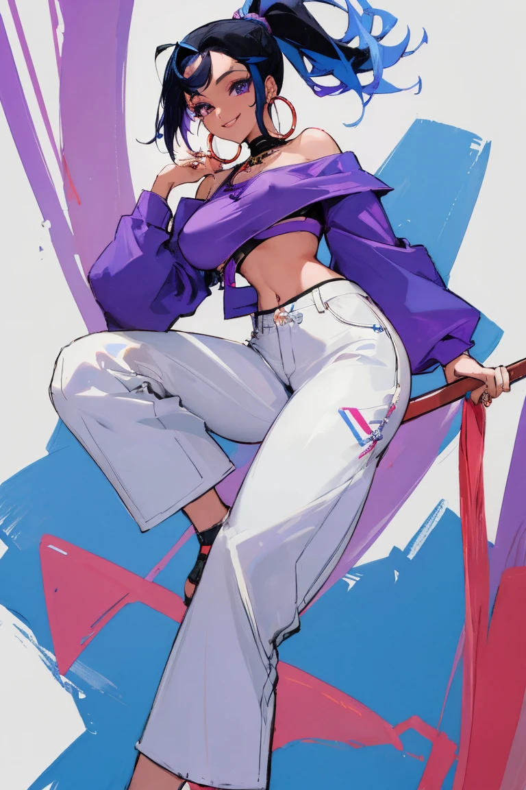 ((Highest quality)), ((masterpiece)), (be familiar with),woman, Black Hair, Blue Hair, Two-tone hair,ponytail, Uterus tattoo, Purple Shirt,Crop top, Off the shoulder, White pants, Hoop Earrings, smile,Erect nipples