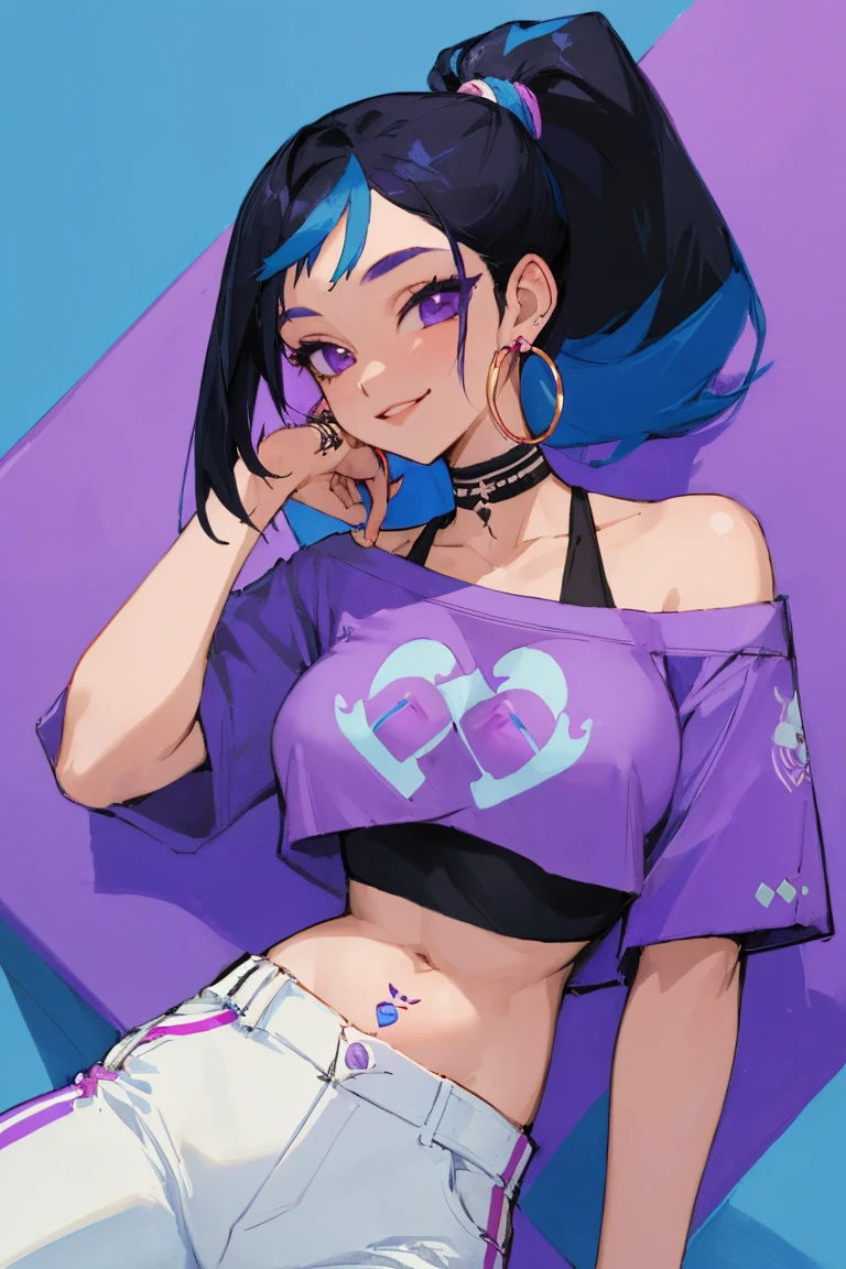 ((Highest quality)), ((masterpiece)), (be familiar with),woman, Black Hair, Blue Hair, Two-tone hair,ponytail, Uterus tattoo, Purple Shirt,Crop top, Off the shoulder, White pants, Hoop Earrings, smile,Erect nipples