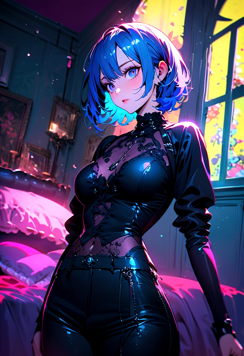 Sexy gothic girl, Pants, short hair，Blue hair ends, bedroom, 