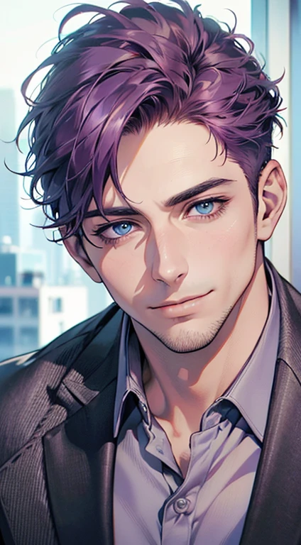 (best quality,4k,8k,highres,masterpiece:1.2),ultra-detailed,(realistic,photorealistic,photo-realistic:1.37),1 man,31 years old,mature man,very handsome,without expression,smile,short purple hair,blue eyes,penetrating gaze,perfect face without errors,imposing posture,businessman,office background,cinematic lighting,hdr image