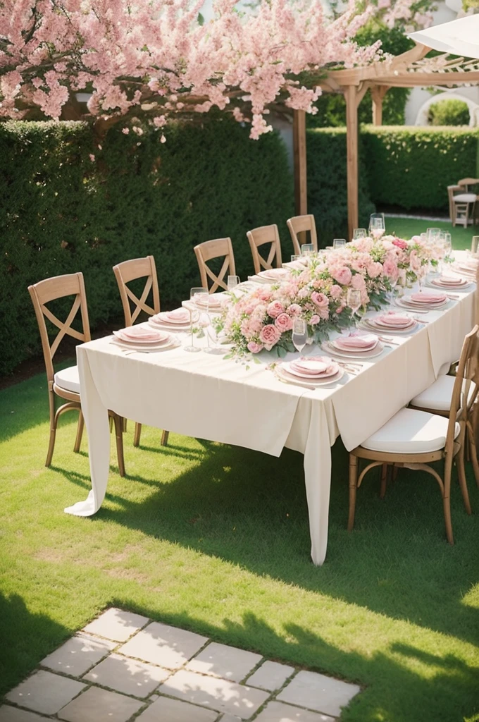 Create the view of a wedding in a garden with pink flower arrangements on the beige table and with several guests around 