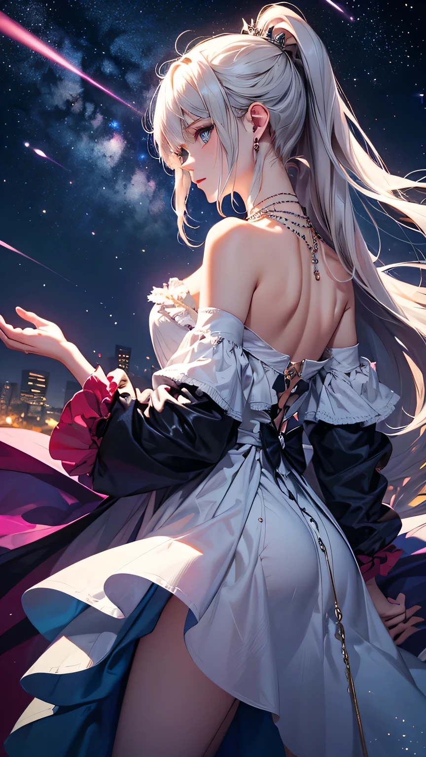 (masterpiece:1.5, Highest quality, Very detailed、 Dutch Angle、Semi-Realistic、Fantasy)(One girl, alone)(White and beautiful hair:1.4,,Straight Long Hair)(White based dress)、((Off the shoulder、Medium Chest、ruby ​​necklace))(from backside,Legs wrapped in tights)(Beautiful starry sky、Mystical Night、Particles of light float around the woman、Fantasy space)
