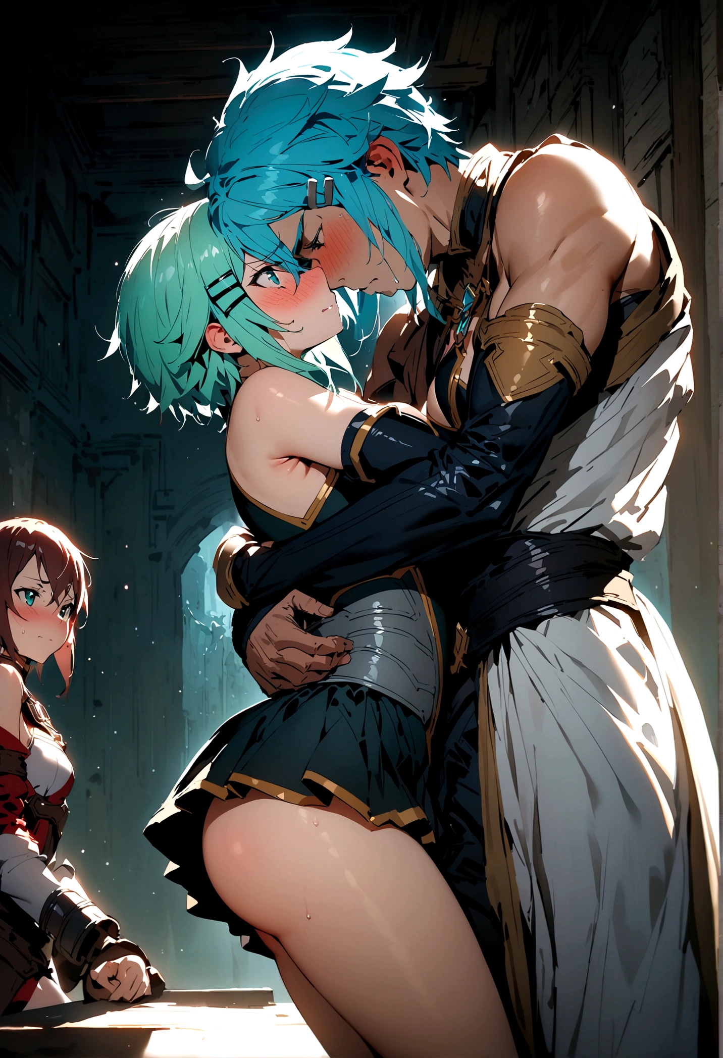 NSFW,masterpiece,Highest quality,High resolution,Super detailed,Sinon\(Sword Art Online\),Bare shoulders,Removable sleeves,Hand guard,leotard,Cape,mini skirt,gem, hair ornaments, Hair Clip,Embarrassed,expectant face,(Lust),(Estrus),blush,Fantasy,Adventurer&#39;s Guild,reception,indoor,(Tough-faced man),(A man puts his hands on her waist and hugs her),From the side