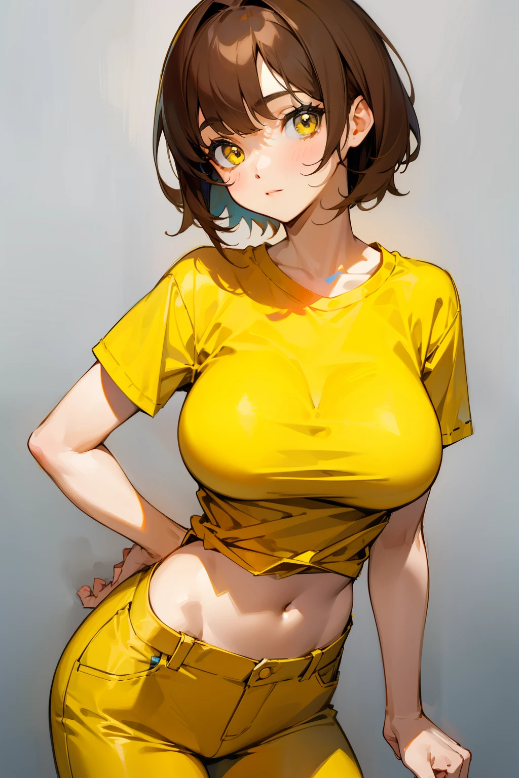 Cute girl, short brown hair, yellow eyes, yellow t-shirt, short blue pants, big breasts