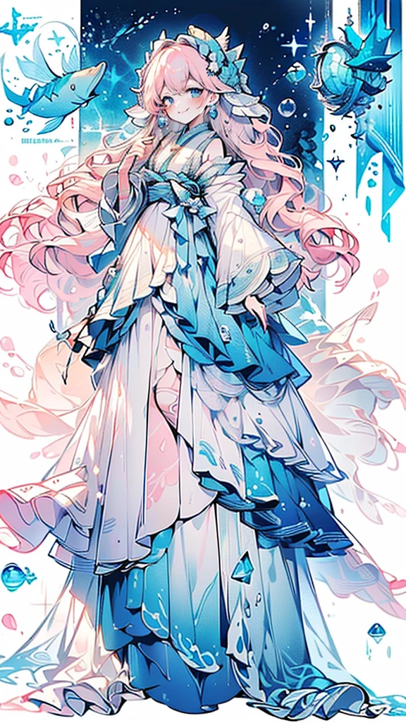 ((full body: 2)),((tachi-e:2.0)), ((character chart:1.3)),((UHD, masterpiece, super detail, best quality, highres, 8k)), (detailed line art), perfect face,(detailed line art:1.0), human, About 20 years old, (1 Female),(Light Pink Hair:1.0, wavy Hair;1.0, Long Hair:1.0, Half Up:1.5), (Pisces, Sea, Water Surface Imagery), light blue and light purple gradient eyes:1.0, round eyes, droopy eyes, droopy eyebrows), ((light blue dress:1.5, water surface patterned drapes, sea like nautical cross-strap pinwheels, fishtail dress), (silver and gemstone decor, light blue shell like earrings ), smiling