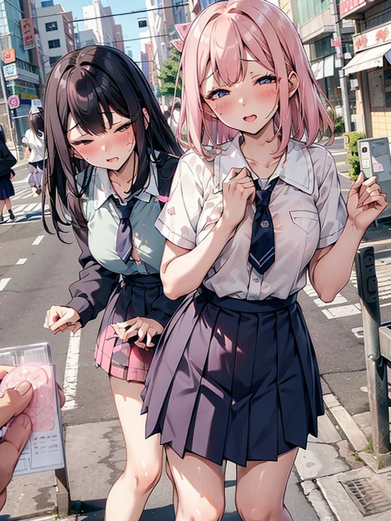 (pussy juice:1.5,ahegao, blush),Are standing, Navy pleated skirt, On the way to school, blush