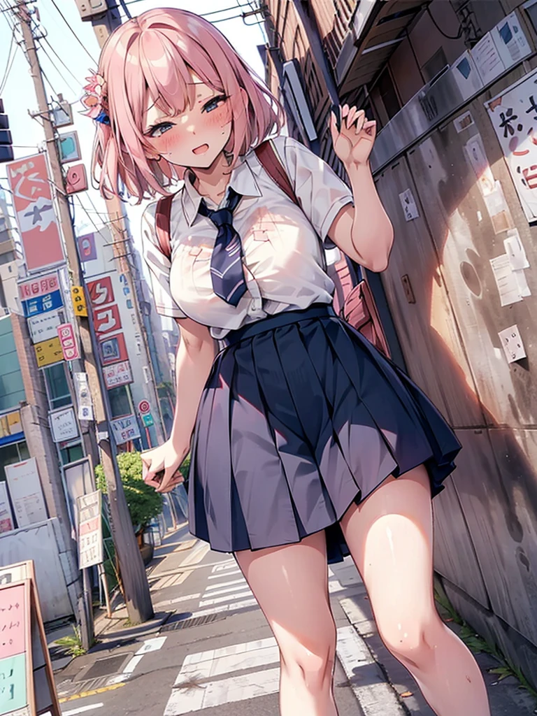 (pussy juice:1.5,ahegao, blush),Are standing, Navy pleated skirt, On the way to school, blush