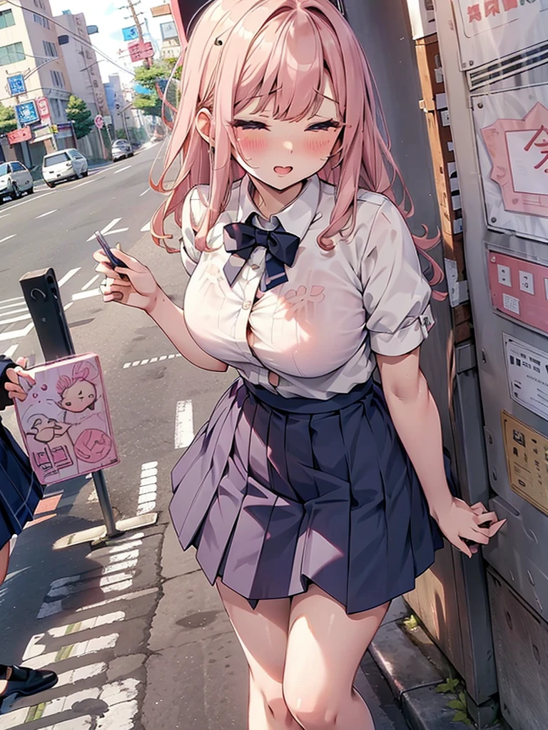 (pussy juice:1.5,ahegao, blush),Are standing, Navy pleated skirt, On the way to school, blush
