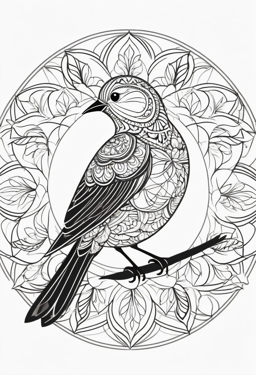 happy white and black bird, Simplified Mandala style, outline, vector, white background
