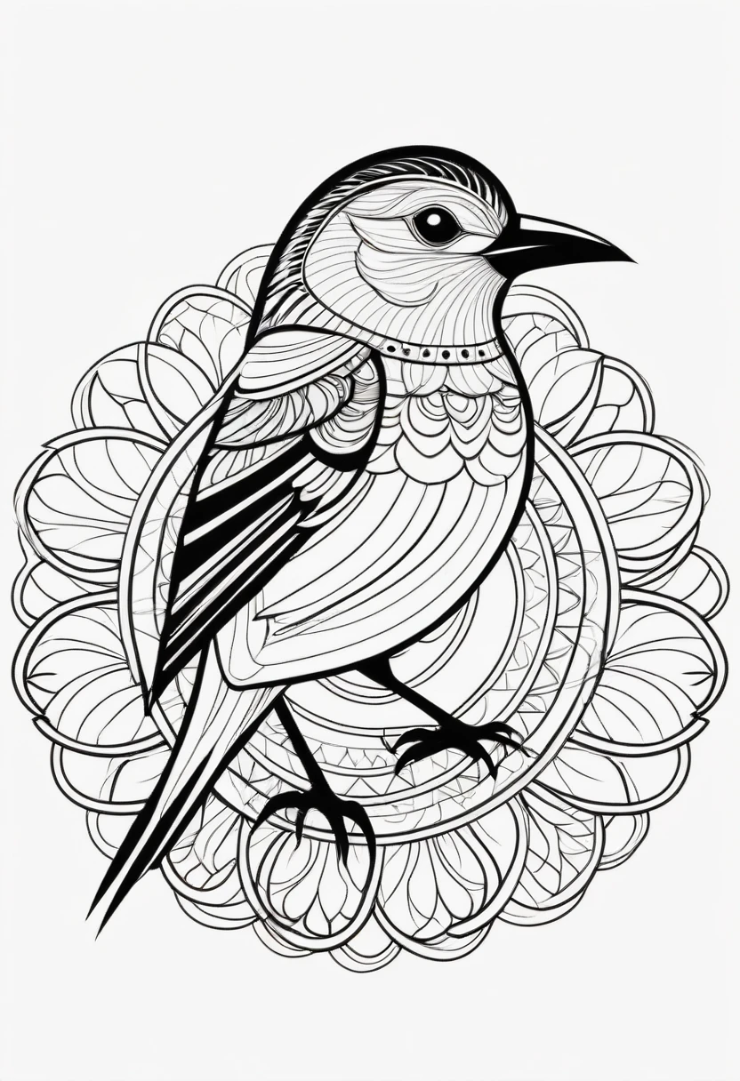 happy white and black bird, Simplified Mandala style, outline, vector, white background