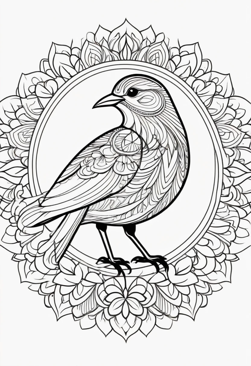 happy white and black bird, Simplified Mandala style, outline, vector, white background