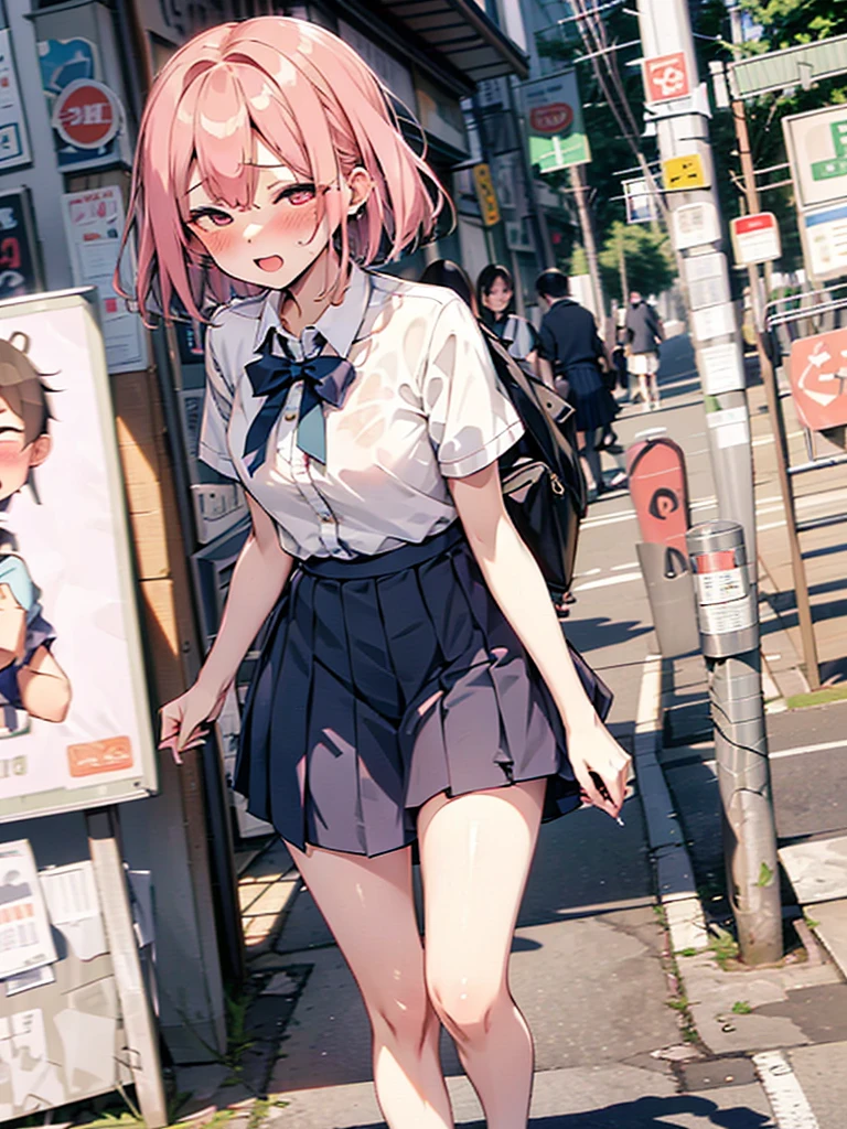 (pussy juice:1.5,ahegao, blush),Are standing, Navy pleated skirt, On the way to school, blush