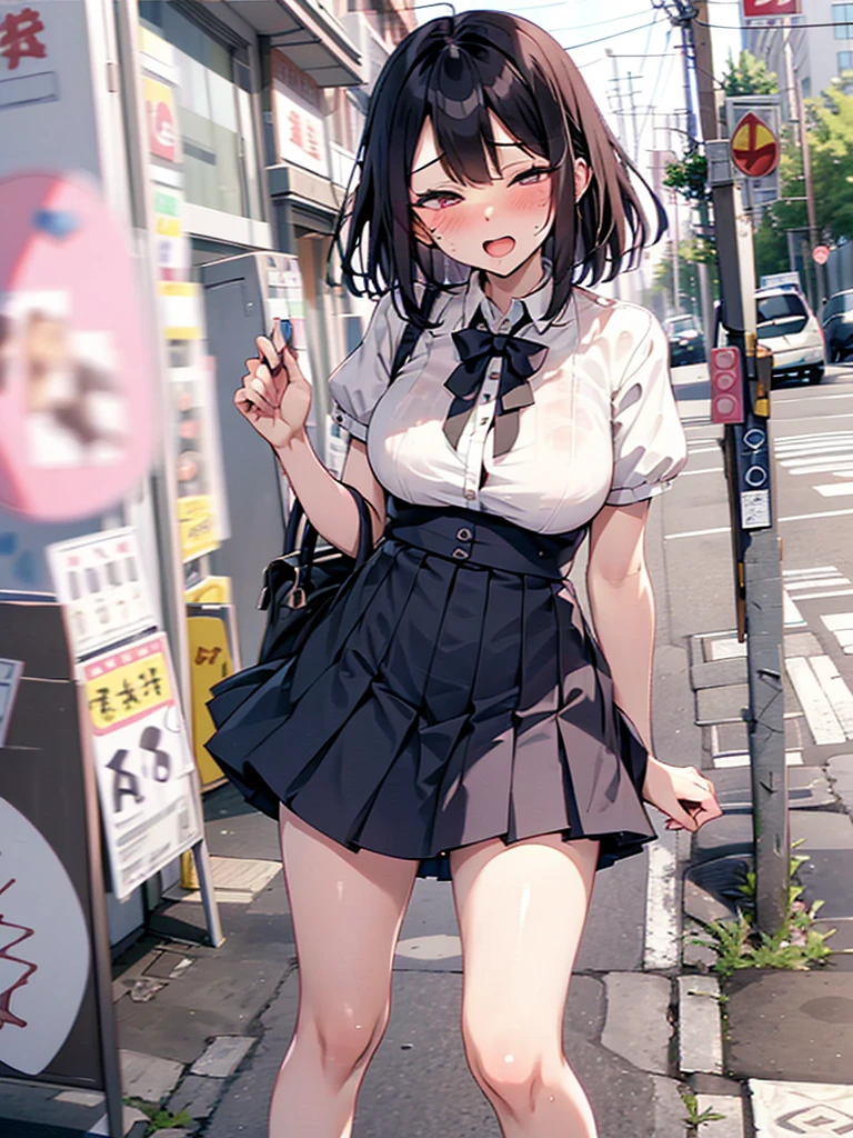(pussy juice:1.5,ahegao, blush),Are standing, Navy pleated skirt, On the way to school, blush