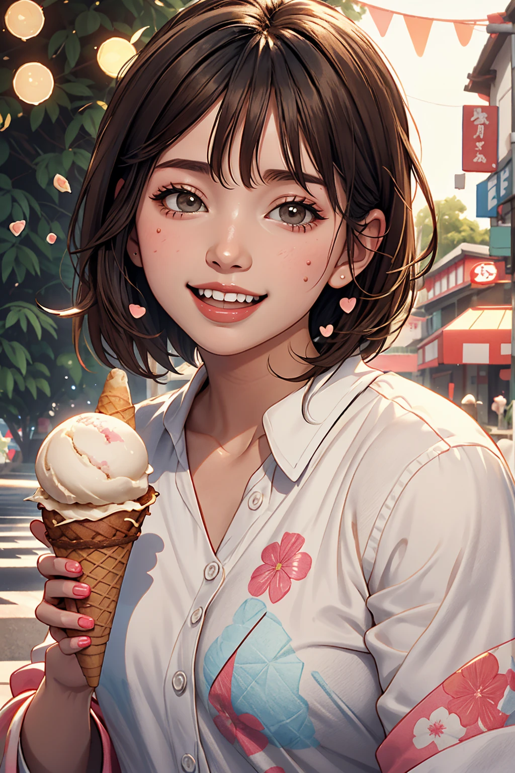 Japanese kawaii woman, ((licking ice cream)), ice cream cone, (holding ice cream cone: 1.4), mouth open, (tongue out: 1.3), short hair, natural makeup, melting ice cream, looking at me, brown hair, soft lips, teeth, Highly detailed CG integrated 8k wallpaper, high resolution, realistic photography, cinematic light, (best quality: 1.4), high quality, (((bokeh))), depth of field.