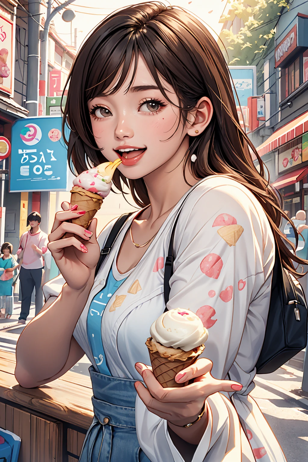 Japanese kawaii woman, ((licking ice cream)), ice cream cone, (holding ice cream cone: 1.4), mouth open, (tongue out: 1.3), short hair, natural makeup, melting ice cream, looking at me, brown hair, soft lips, teeth, Highly detailed CG integrated 8k wallpaper, high resolution, realistic photography, cinematic light, (best quality: 1.4), high quality, (((bokeh))), depth of field.