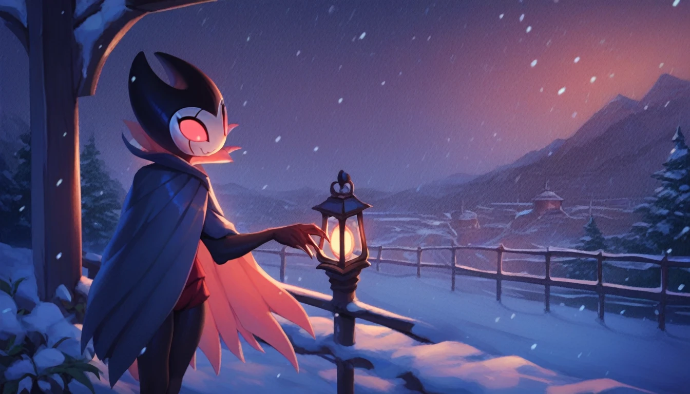 score_9, score_8_up, score_7_up, score_6_up, zPDXL2, grimm \(hollow knight\), vampire, bat, 1boy, solo, cute face, detailed eyes, anthro, clothed, landscape, highlight thighs, It's snowing outside, it's night, a lamp is on nearby, outdoor, winter coat, smiling, in a train station, profile picture, highlight thighs, playing with the snow, smiling