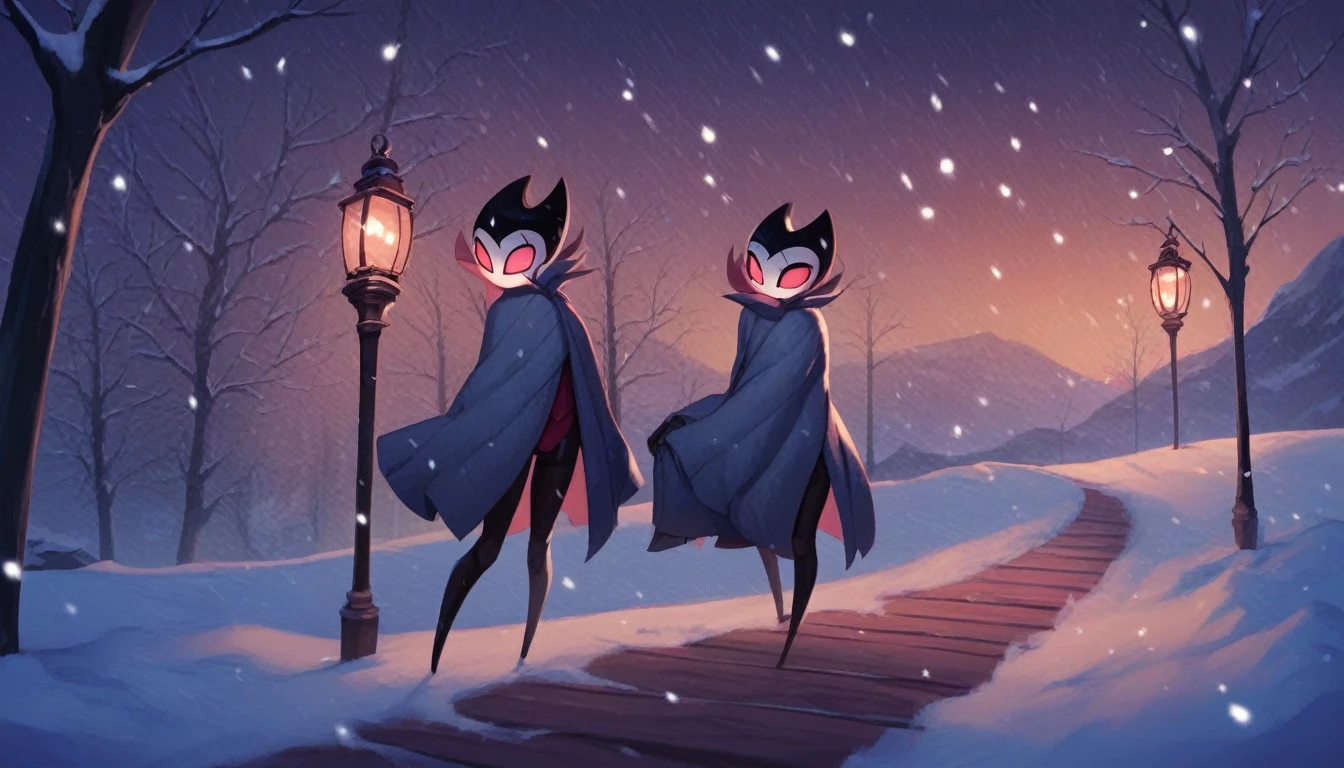 score_9, score_8_up, score_7_up, score_6_up, zPDXL2, grimm \(hollow knight\), vampire, bat, 1boy, solo, cute face, detailed eyes, anthro, clothed, landscape, highlight thighs, It's snowing outside, it's night, a lamp is on nearby, outdoor, winter coat, smiling, in a train station, profile picture, highlight thighs, playing with the snow, smiling