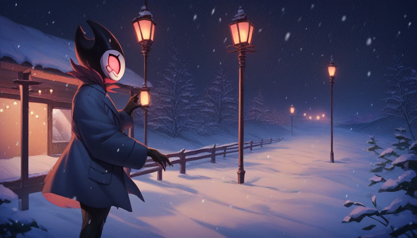 score_9, score_8_up, score_7_up, score_6_up, zPDXL2, grimm \(hollow knight\), vampire, bat, 1boy, solo, cute face, detailed eyes, anthro, clothed, landscape, highlight thighs, It's snowing outside, it's night, a lamp is on nearby, outdoor, winter coat, smiling, in a train station, profile picture, highlight thighs, playing with the snow, smiling