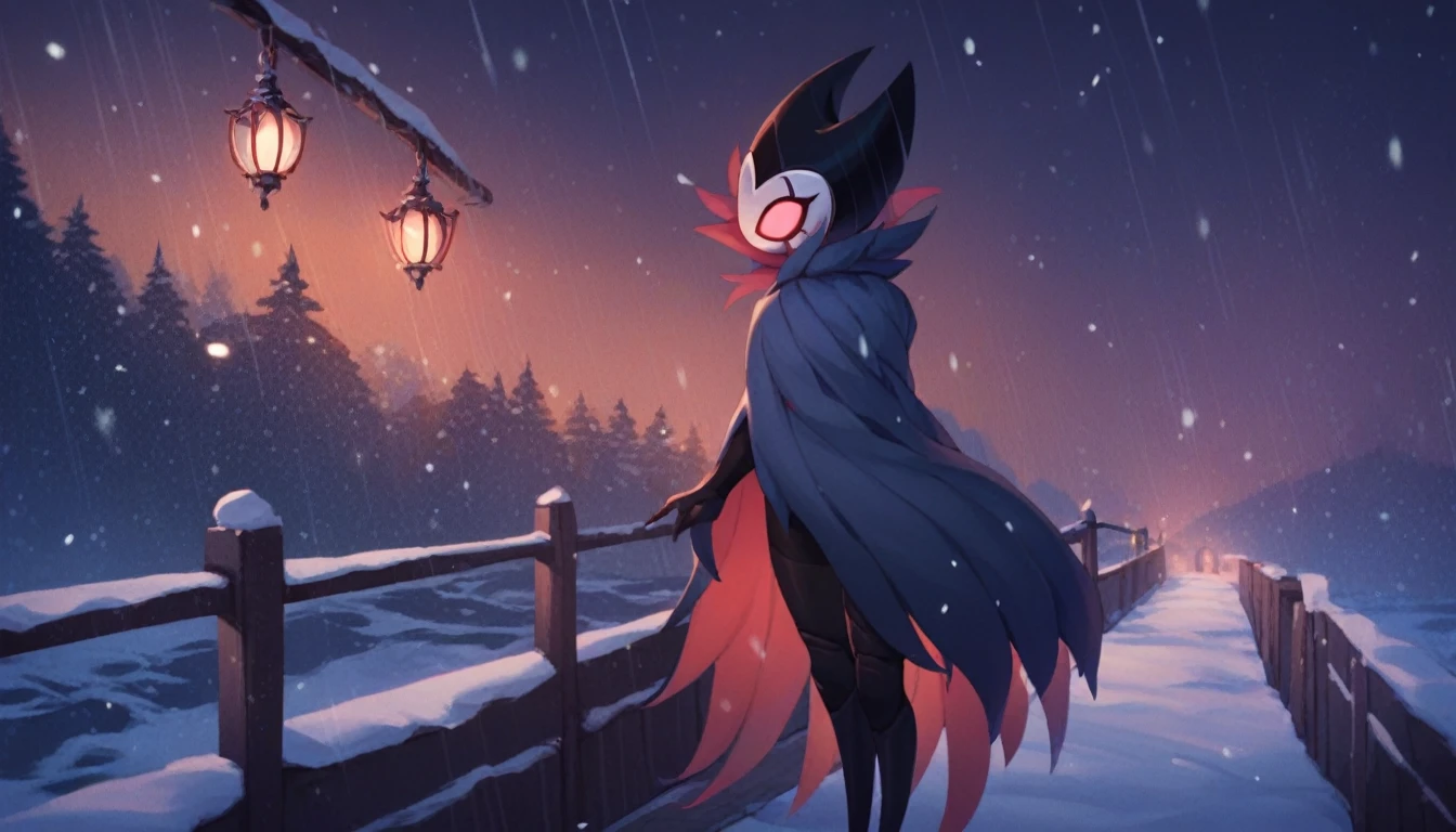 score_9, score_8_up, score_7_up, score_6_up, zPDXL2, grimm \(hollow knight\), vampire, bat, 1boy, solo, cute face, detailed eyes, anthro, clothed, landscape, highlight thighs, It's snowing outside, it's night, a lamp is on nearby, outdoor, winter coat, smiling, in a train station, profile picture, highlight thighs, playing with the snow, smiling