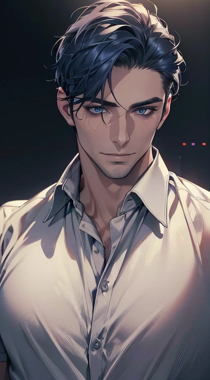 (best quality,4k,8k,highres,masterpiece:1.2),ultra-detailed,(realistic,photorealistic,photo-realistic:1.37),1 man,31 years old,mature man,very handsome,without expression,smile,short blue hair,blue eyes,penetrating gaze,perfect face without errors,imposing posture,businessman,office background,cinematic lighting,hdr image