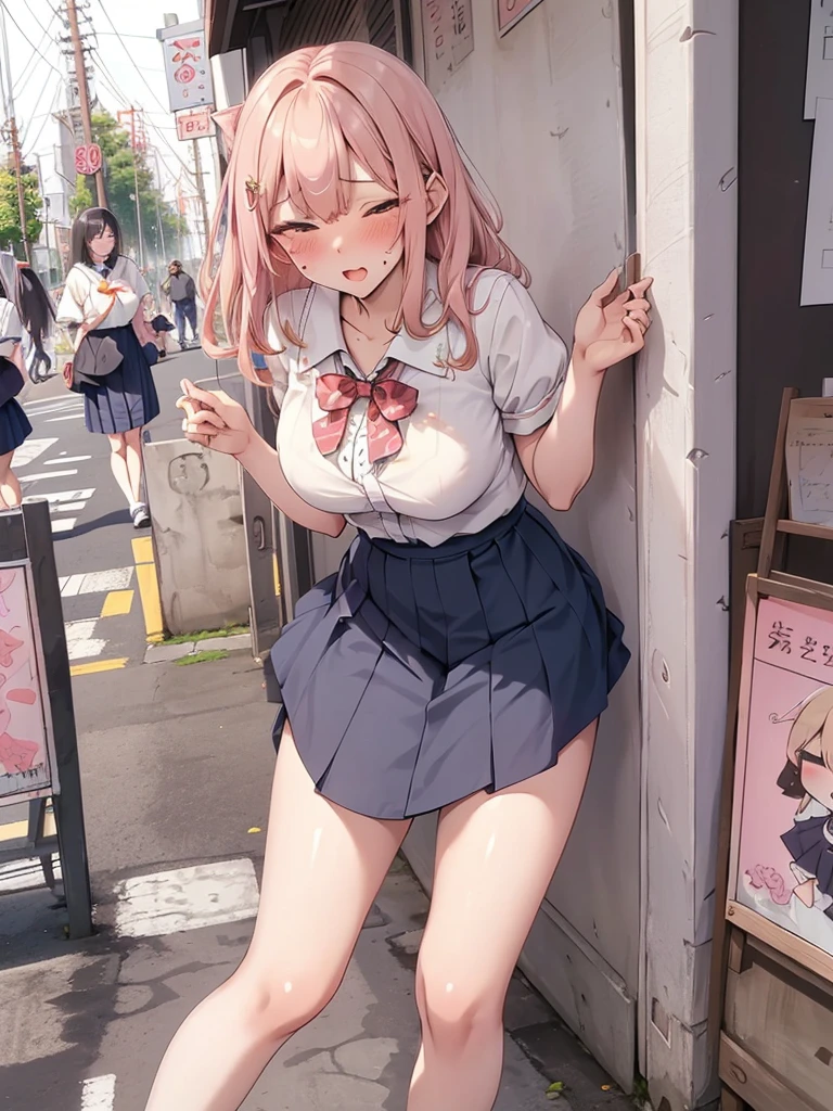 (pussy juice:1.5,ahegao, blush),Are standing, Navy pleated skirt, On the way to school, blush
