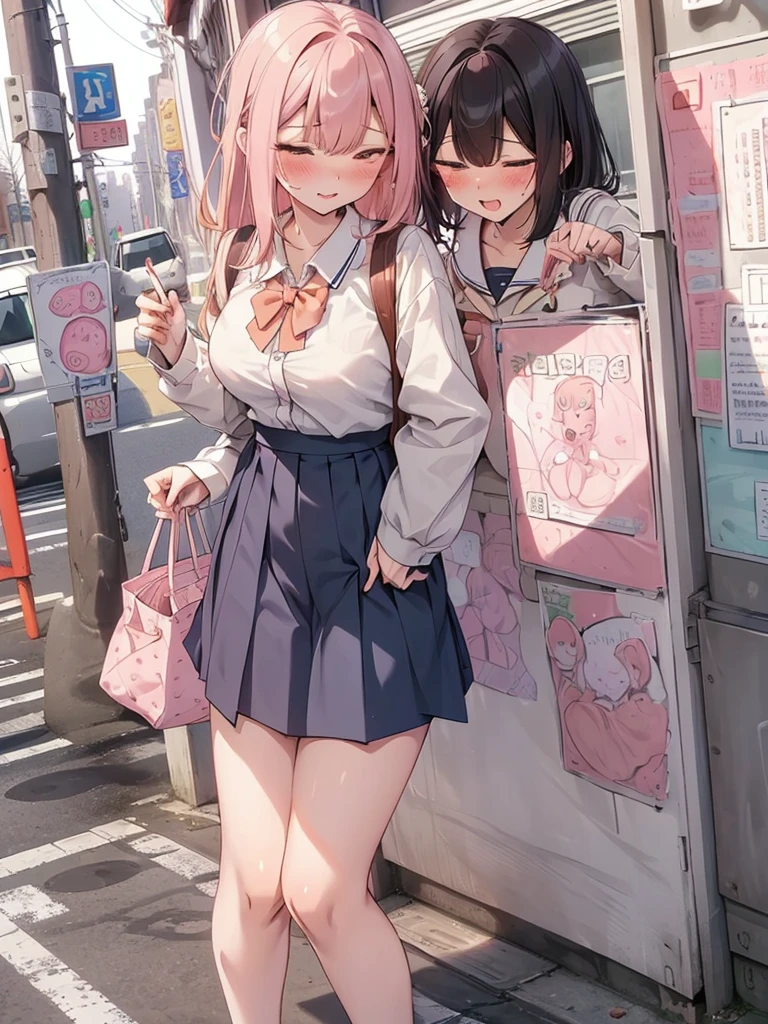 (pussy juice:1.5,ahegao, blush),Are standing, Navy pleated skirt, On the way to school, blush
