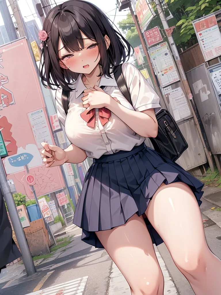 (pussy juice:1.5,ahegao, blush),Are standing, Navy pleated skirt, On the way to school, blush
