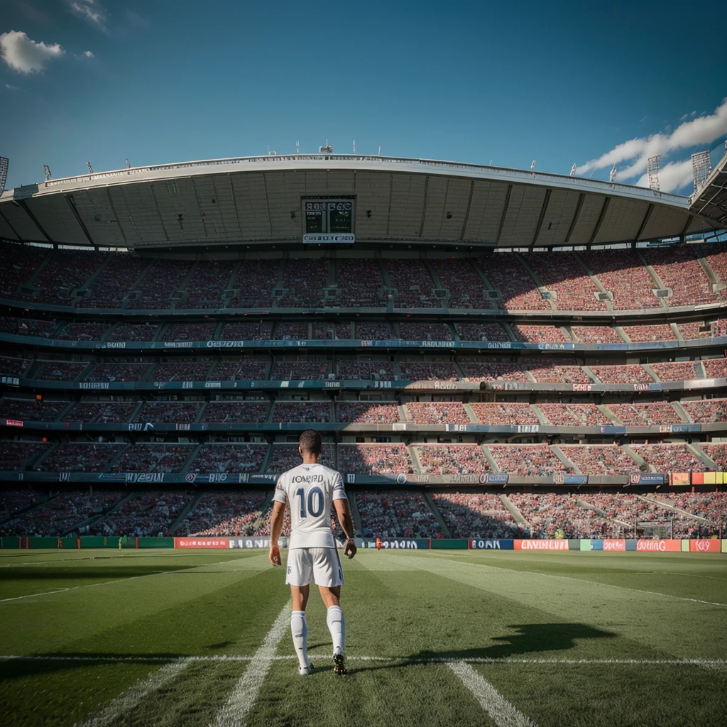 (epiCRealism, high quality, HD, 4k, no defect, perfect quality), Cristiano Ronaldo, football, football field, play a match, Portugal, teammate, tire, ballon, stadium, epic stadium, Public, spectators, ambiance