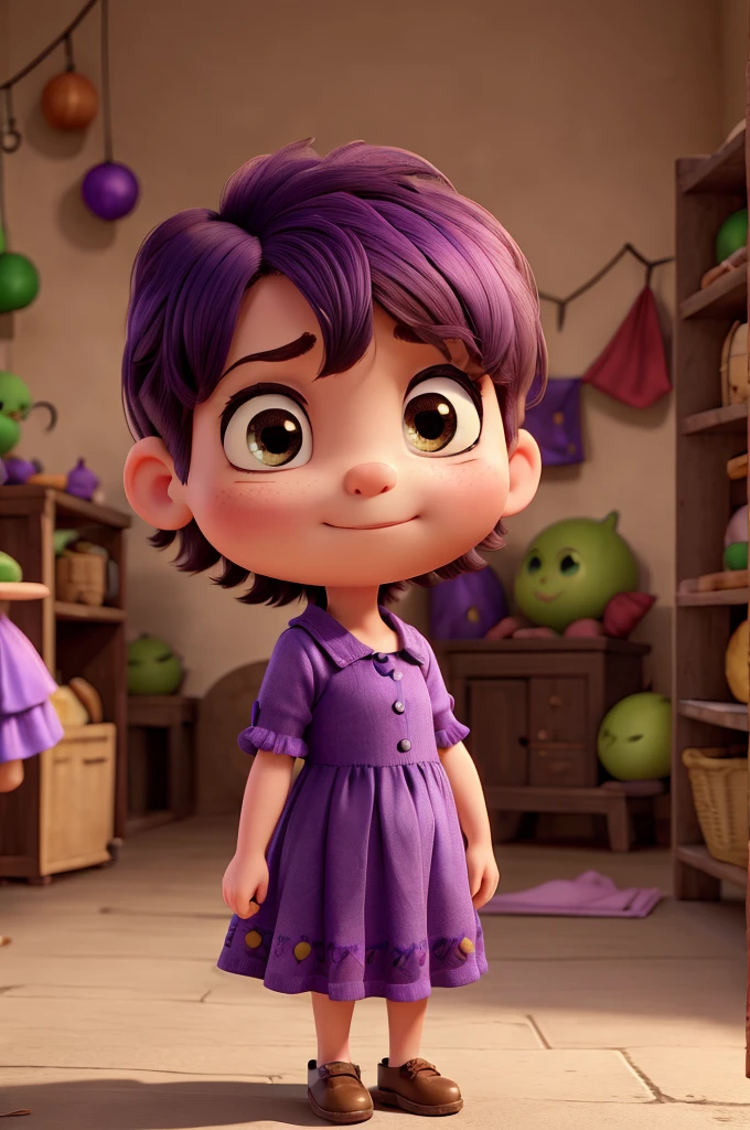 a small character, Unripe, with short, cropped hair, big eyes and disdainful expressions, wearing a purple dress.
