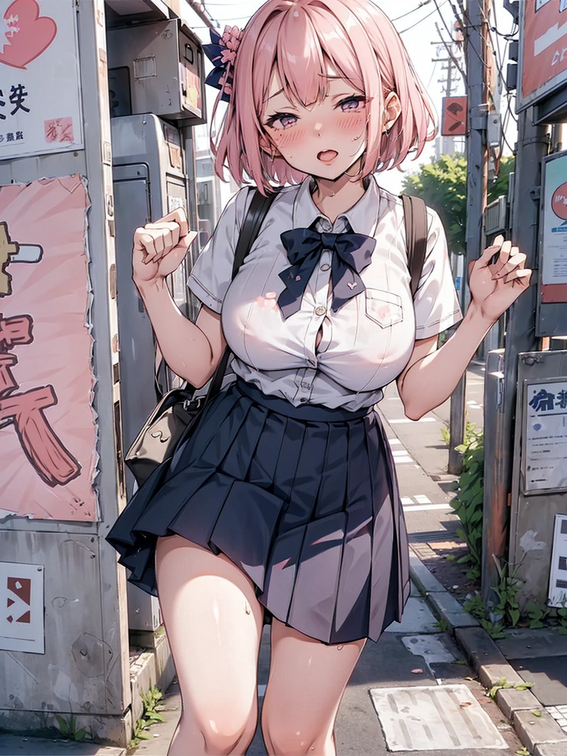 (pussy juice:1.5,ahegao, blush),Are standing, Navy pleated skirt, On the way to school, blush