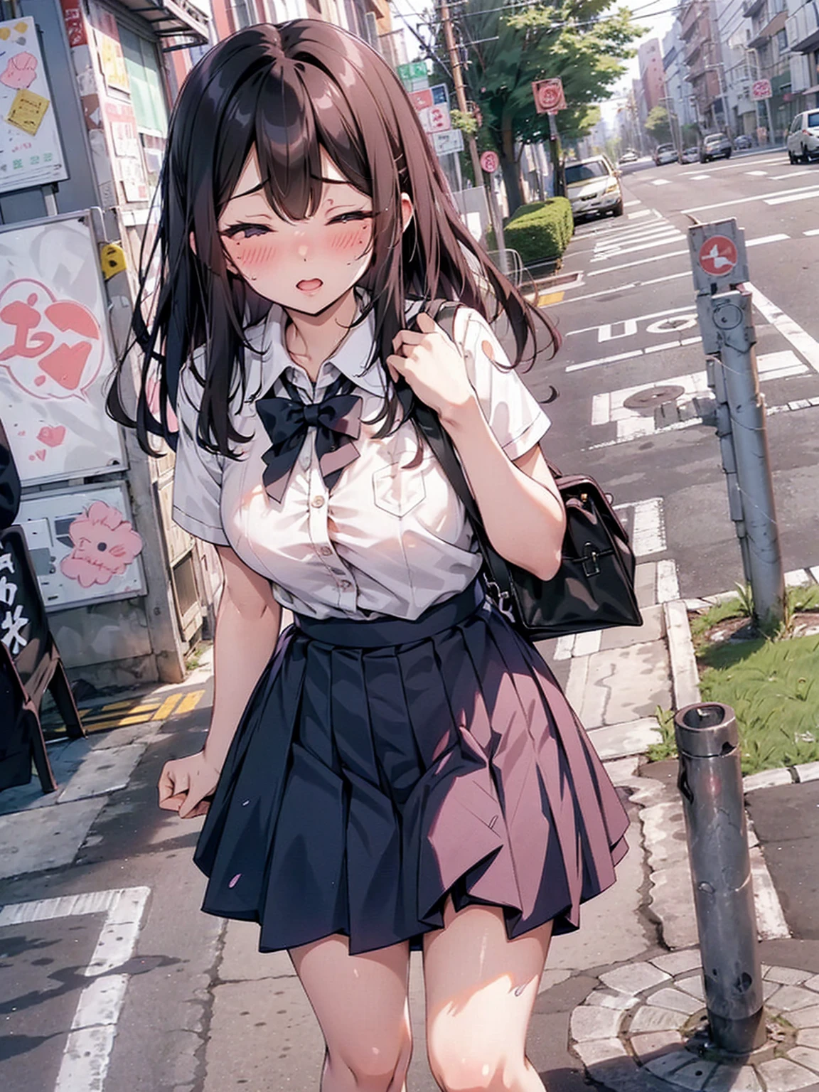 (pussy juice:1.5,ahegao, blush),Are standing, Navy pleated skirt, On the way to school, blush
