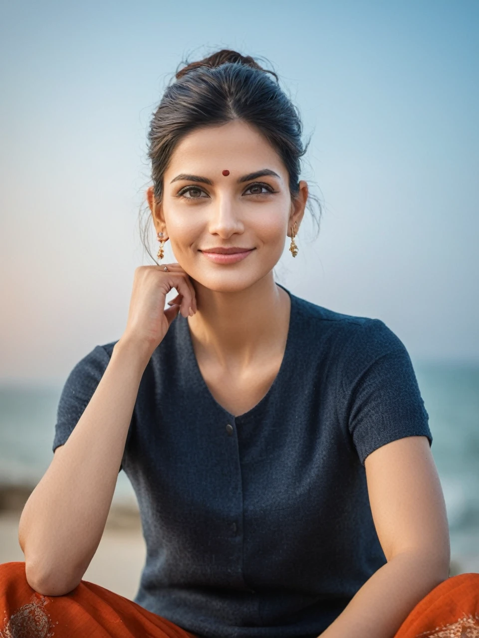 A captivating Indian woman with a radiant complexion and effortless smile, her undercut hair framing her heart-shaped face as she gazes directly at the camera, symmetric eyes sparkling with warmth. Soft rim ambient lighting accentuates her flawless skin texture, reminiscent of Sandra Bullock's porcelain doll-like features. Navel subtly visible, adding to her elegant milf charm. Framed in 8K on a DSLR, high-quality lighting and subtle film grain evoke an award-winning photograph, showcasing the Fujifilm XT3's exceptional imaging capabilities.