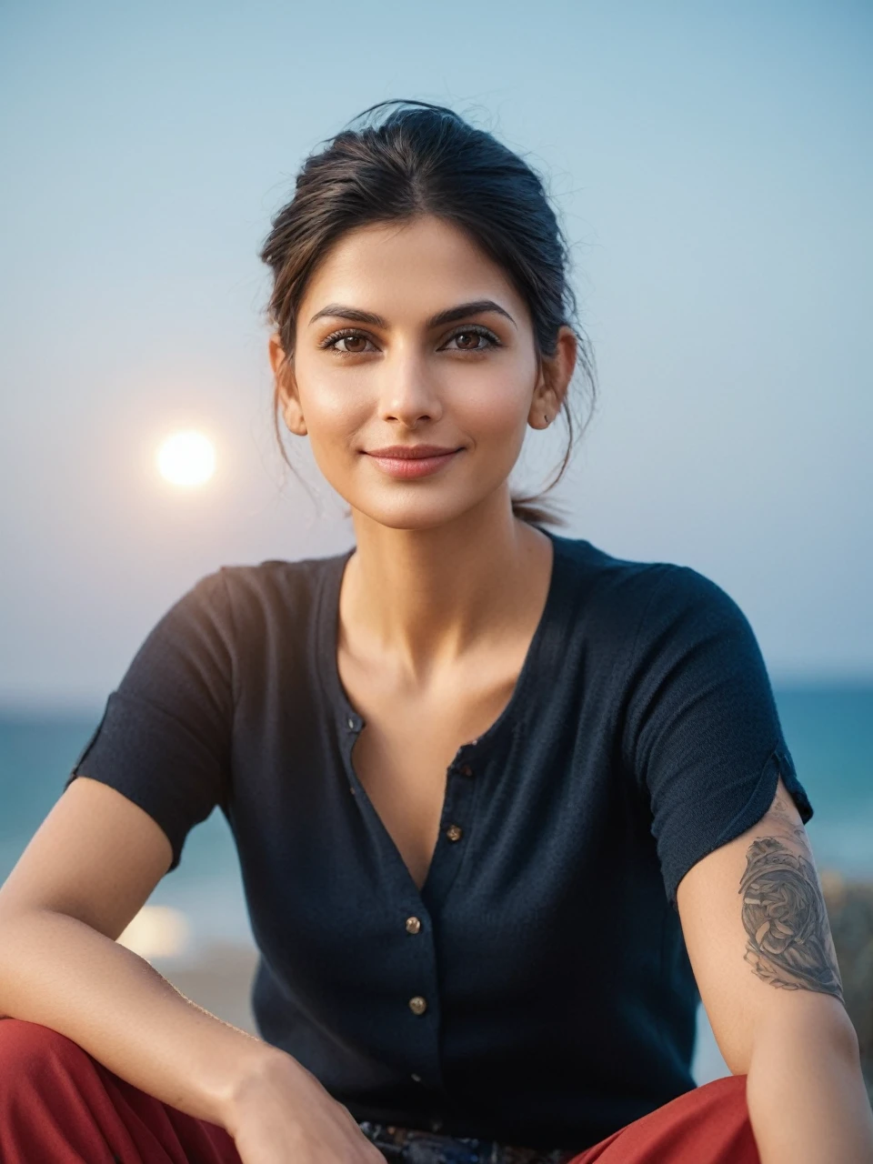 A captivating Indian woman with a radiant complexion and effortless smile, her undercut hair framing her heart-shaped face as she gazes directly at the camera, symmetric eyes sparkling with warmth. Soft rim ambient lighting accentuates her flawless skin texture, reminiscent of Sandra Bullock's porcelain doll-like features. Navel subtly visible, adding to her elegant milf charm. Framed in 8K on a DSLR, high-quality lighting and subtle film grain evoke an award-winning photograph, showcasing the Fujifilm XT3's exceptional imaging capabilities.