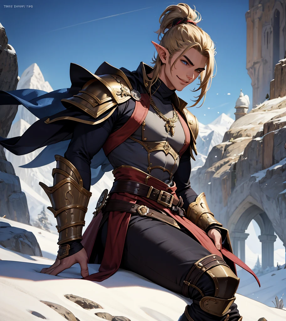 (((Single character image.))) (((1boy))) (((Luxurious hair and sexy smirk.))) (((18 years old.))) (((18yo.))) Art style inspired by the work of J Scott Campbell. Looks like a sexy male elf warrior for a medieval fantasy setting. Looks like a sexy and dangerous male elf for a medieval fantasy setting. Looks like a physically sexy male medieval elf for Dungeons & Dragons. (((wearing leather medieval fantasy armor))), A single character portrait, (((very sexy male physique))), (((stunningly gorgeous face))), (((menacing stare))), (((sexy hair in a topknot))), fantasy artwork, fantasy attire, fantasy adventurer, attractive, youthful, sexy, (((sexy smile))), (((dark features))), arched eyebrows, scowl, (((long, luxurious, exotic dark blonde hair))), mysterious, (((very sexy mouth and lips))), elf male in his early 20’s sexy body, pathfinder, Dungeons & Dragons character portrait, intricate details, ultra detailed, extremely detailed hands, ultra detailed clothes, ultra detailed hands, epic masterpiece, ultra detailed, hyperdetailed hands, digital art, unreal engine, 8k, ultra HD, centered image