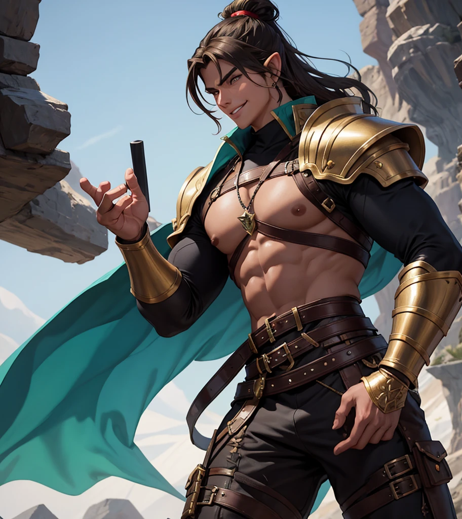 (((Single character image.))) (((1boy))) (((Luxurious hair and sexy smirk.))) (((18 years old.))) (((18yo.))) Art style inspired by the work of J Scott Campbell. Looks like a sexy male elf warrior for a medieval fantasy setting. Looks like a sexy and dangerous male elf for a medieval fantasy setting. Looks like a physically sexy male medieval elf for Dungeons & Dragons. (((wearing leather medieval fantasy armor))), A single character portrait, (((very sexy male physique))), (((stunningly gorgeous face))), (((menacing stare))), (((sexy hair in a topknot))), fantasy artwork, fantasy attire, fantasy adventurer, attractive, youthful, sexy, (((sexy smile))), (((dark features))), arched eyebrows, scowl, (((long, luxurious, exotic dark blonde hair))), mysterious, (((very sexy mouth and lips))), elf male in his early 20’s sexy body, pathfinder, Dungeons & Dragons character portrait, intricate details, ultra detailed, extremely detailed hands, ultra detailed clothes, ultra detailed hands, epic masterpiece, ultra detailed, hyperdetailed hands, digital art, unreal engine, 8k, ultra HD, centered image